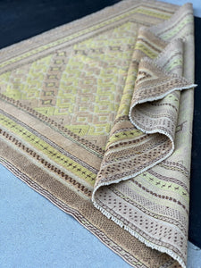 5x6 (150x180) Handmade Afghan Rug | Taupe Yellow Cornsilk Cream Beige Chocolate Brown | Hand Knotted Geometric Turkish Wool