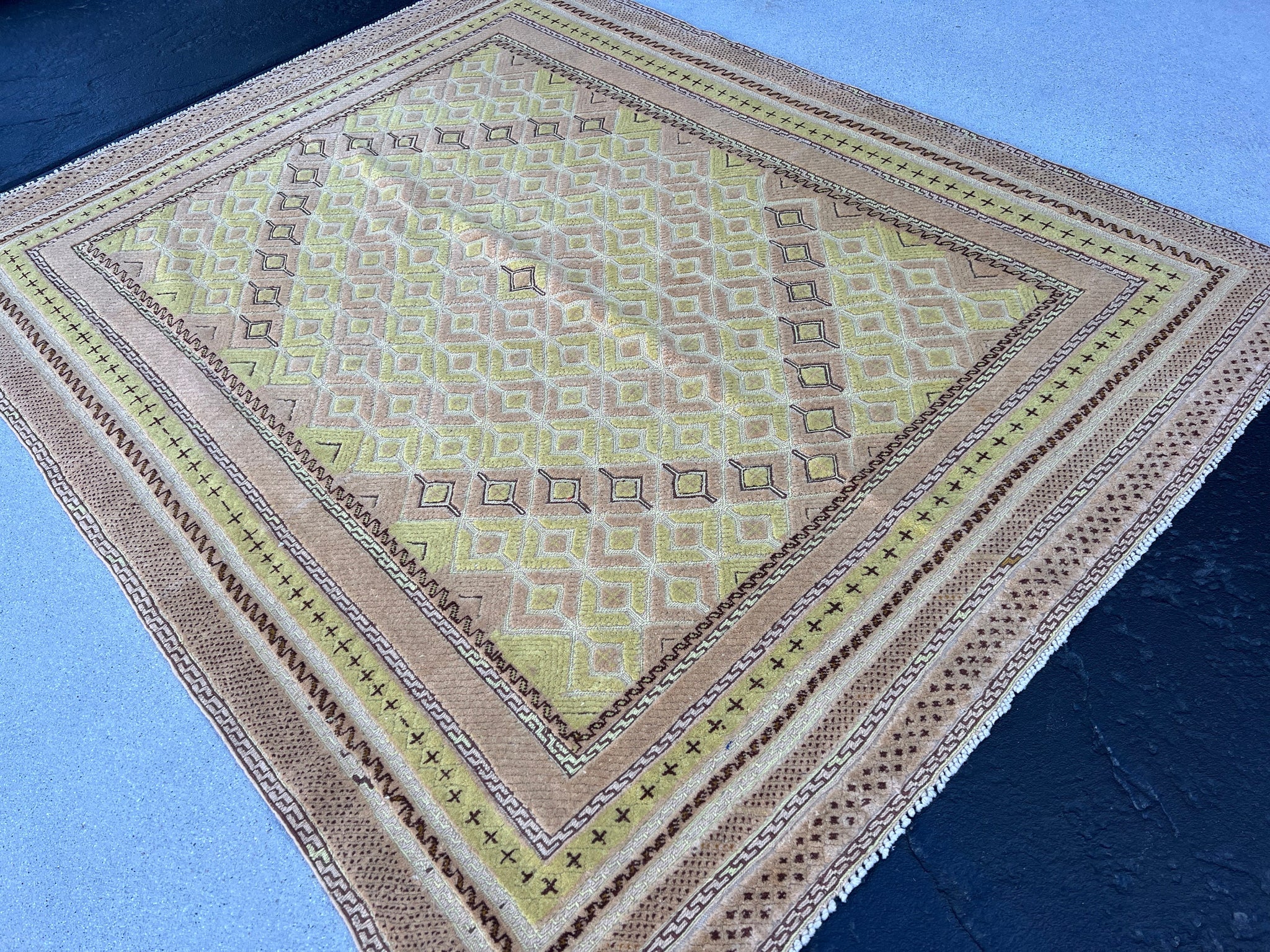 5x6 (150x180) Handmade Afghan Rug | Taupe Yellow Cornsilk Cream Beige Chocolate Brown | Hand Knotted Geometric Turkish Wool