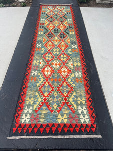 3x10 (90x305) Fair Trade Handmade Afghan Kilim Runner Rug | Teal Olive Burnt Orange Ivory Moss Green Purple Black Orange | Geometric Wool