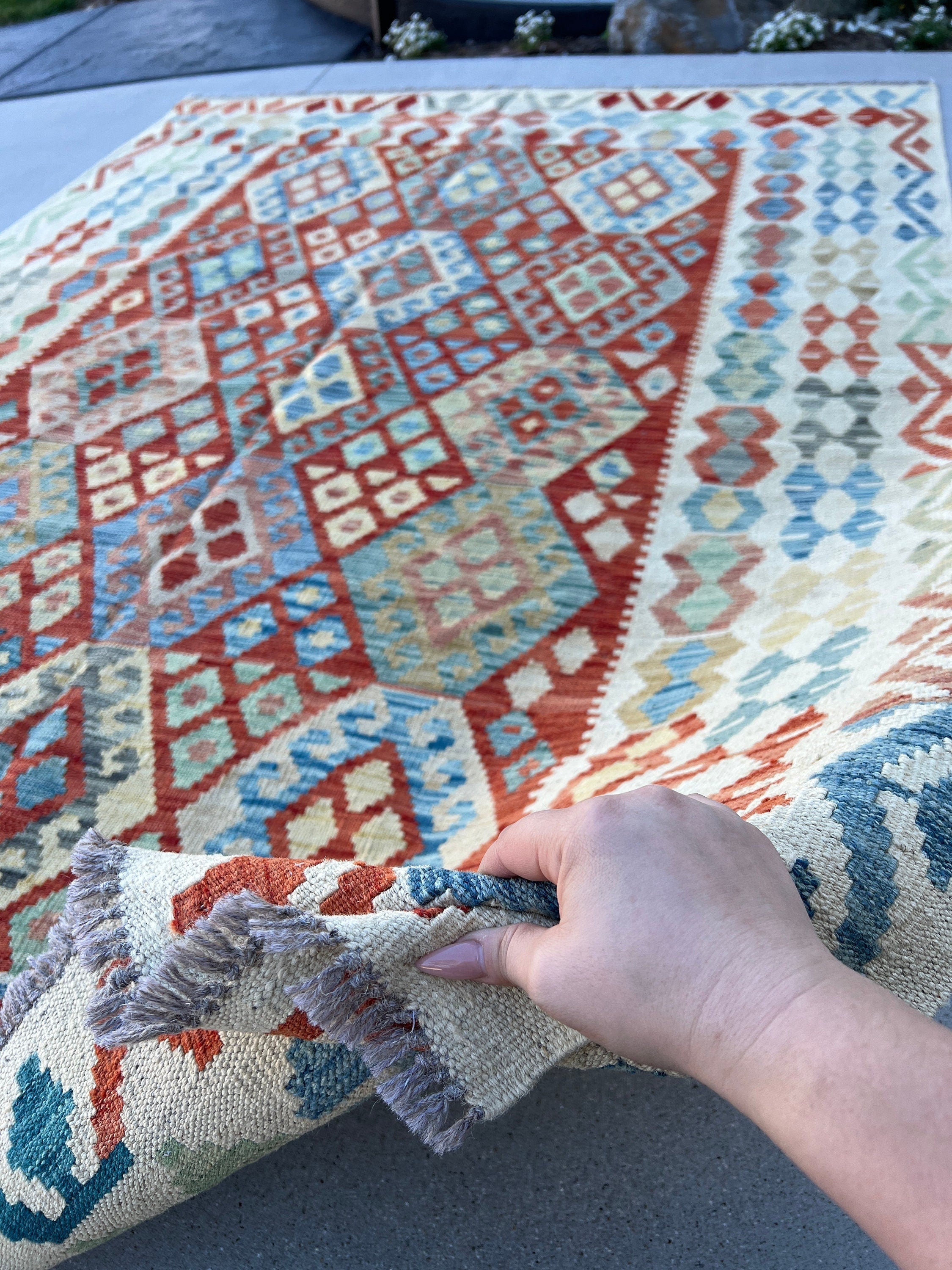 6x8 (180x245) Handmade Afghan Kilim Rug | Cream Beige Burnt Orange Taupe Olive Green Sky Blue Teal Denim Blue Light Grey Moss Green | Wool