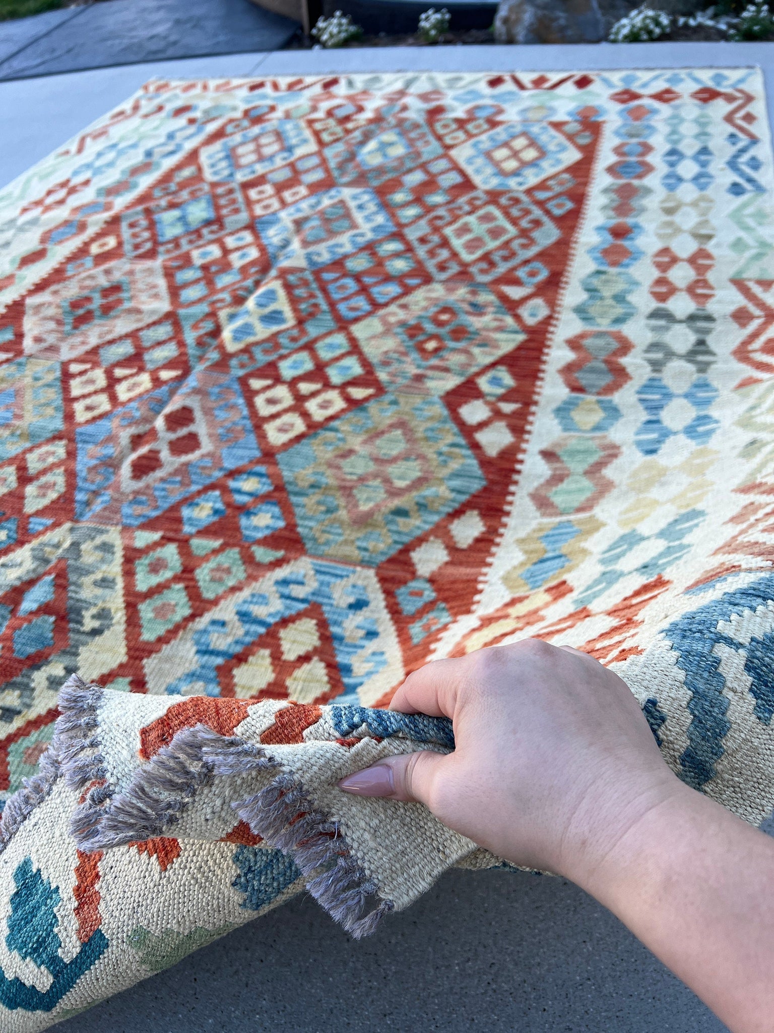 6x8 (180x245) Handmade Afghan Kilim Rug | Cream Beige Burnt Orange Taupe Olive Green Sky Blue Teal Denim Blue Light Grey Moss Green | Wool