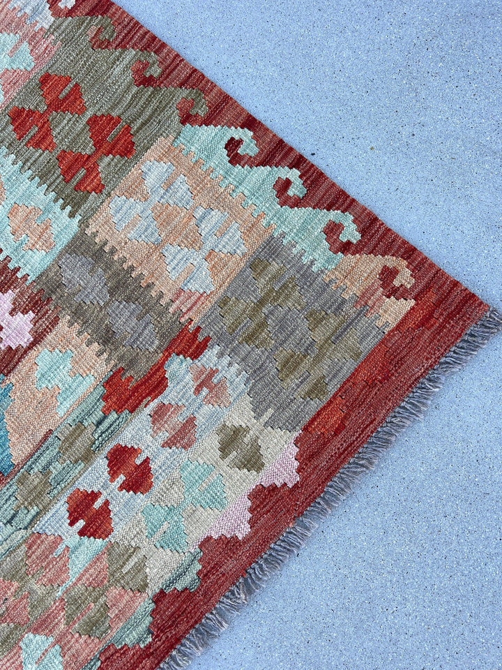 6x9 (180x275) Handmade Afghan Kilim Rug | Brick Red Teal Cream Beige Moss Olive Green Taupe Sky Blue Yellow | Hand Knotted Geometric Wool