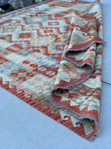 6x9 (180x275) Handmade Afghan Kilim Rug | Brick Red Teal Cream Beige Moss Olive Green Taupe Sky Blue Yellow | Hand Knotted Geometric Wool