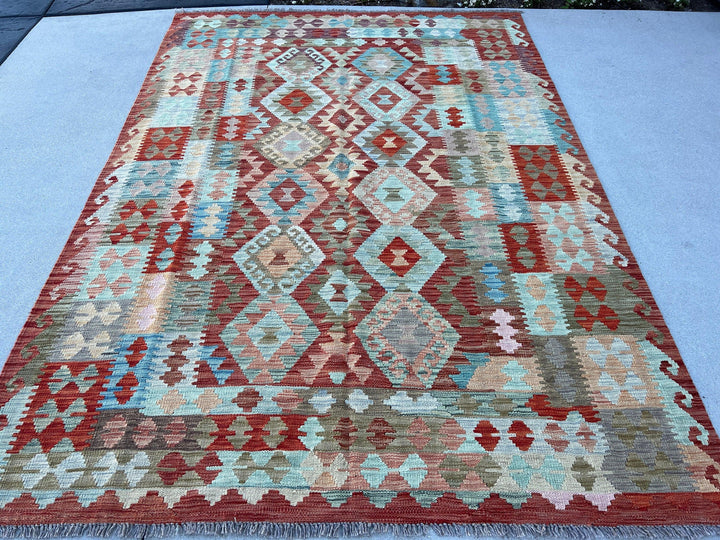 6x9 (180x275) Handmade Afghan Kilim Rug | Brick Red Teal Cream Beige Moss Olive Green Taupe Sky Blue Yellow | Hand Knotted Geometric Wool