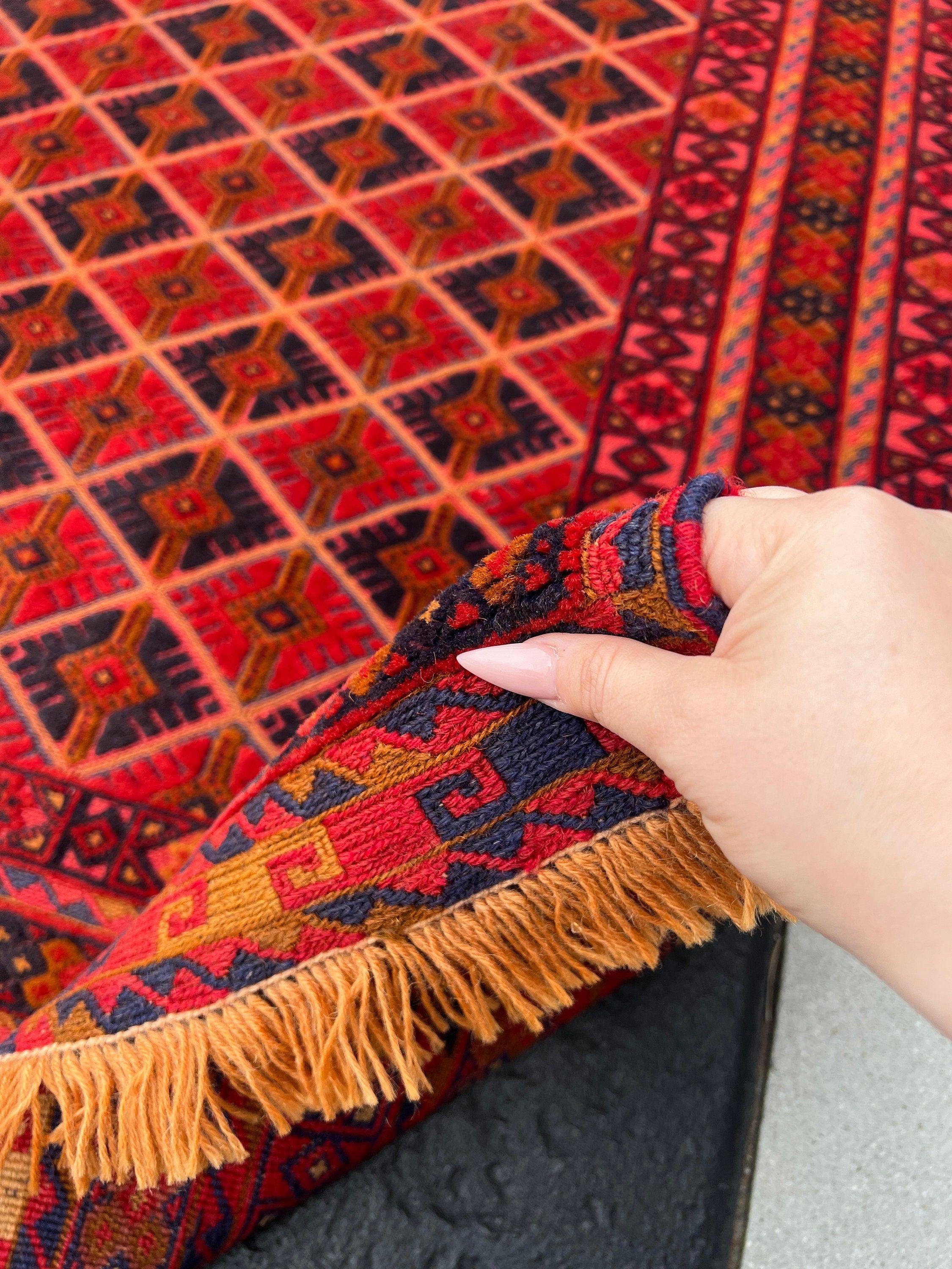 5x7 (150x215) Fair Trade Handmade Afghan Rug | Cherry Red Orange Black Taupe Crimson Red Midnight Blue | Hand Knotted Geometric Turkish Wool