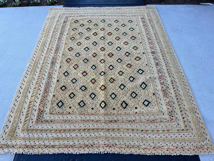 5x7 (150x200) Handmade Afghan Rug | Taupe Cream Beige Pine Green Crimson Red Midnight Blue Black Moss Green Chocolate | Geometric Wool Boho