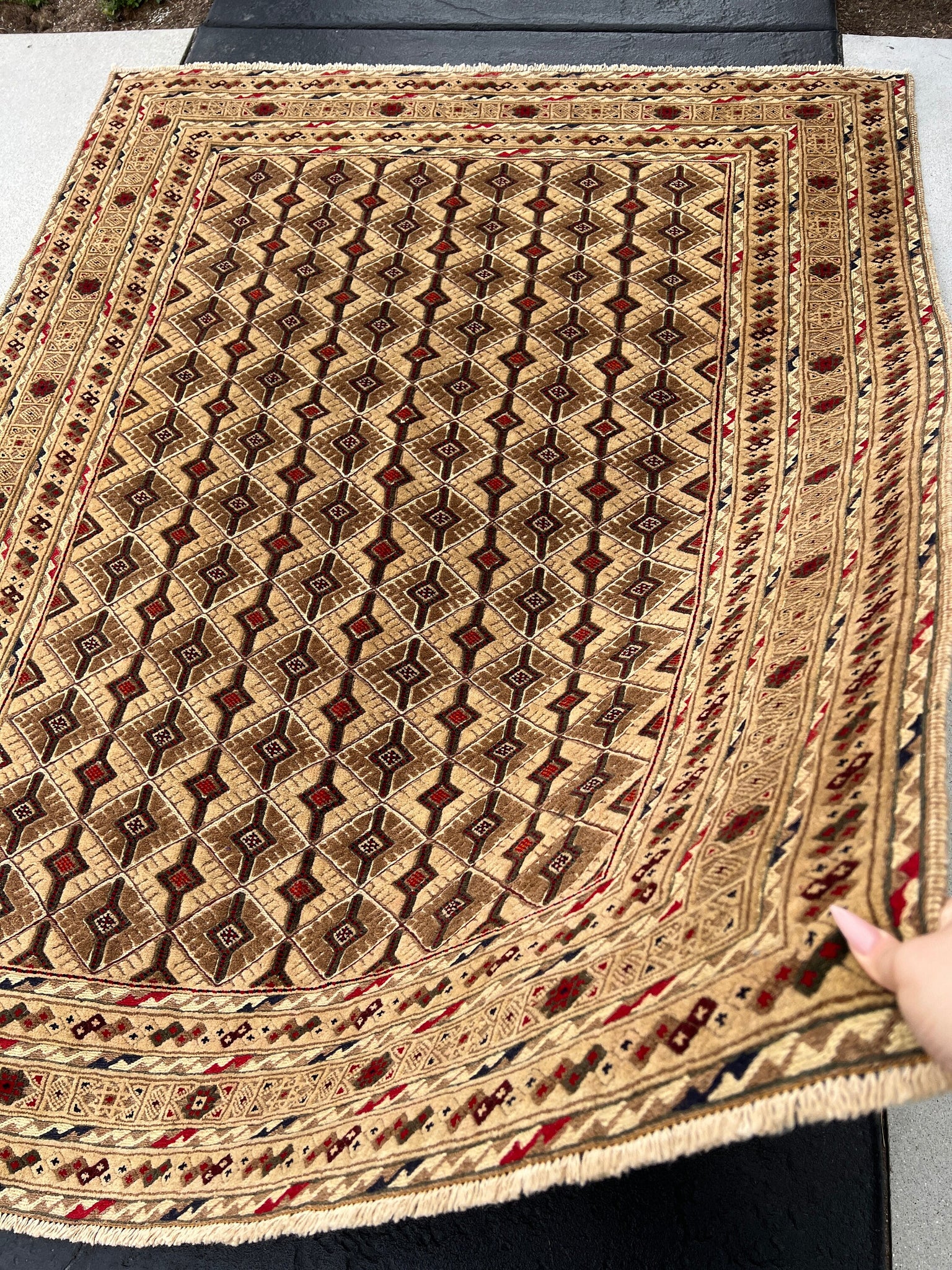5x6 (150x180) Handmade Afghan Rug | Taupe Red Mocha Brown Cream Black Charcoal | Hand Knotted Turkish Geometric Wool Persian Bohemian