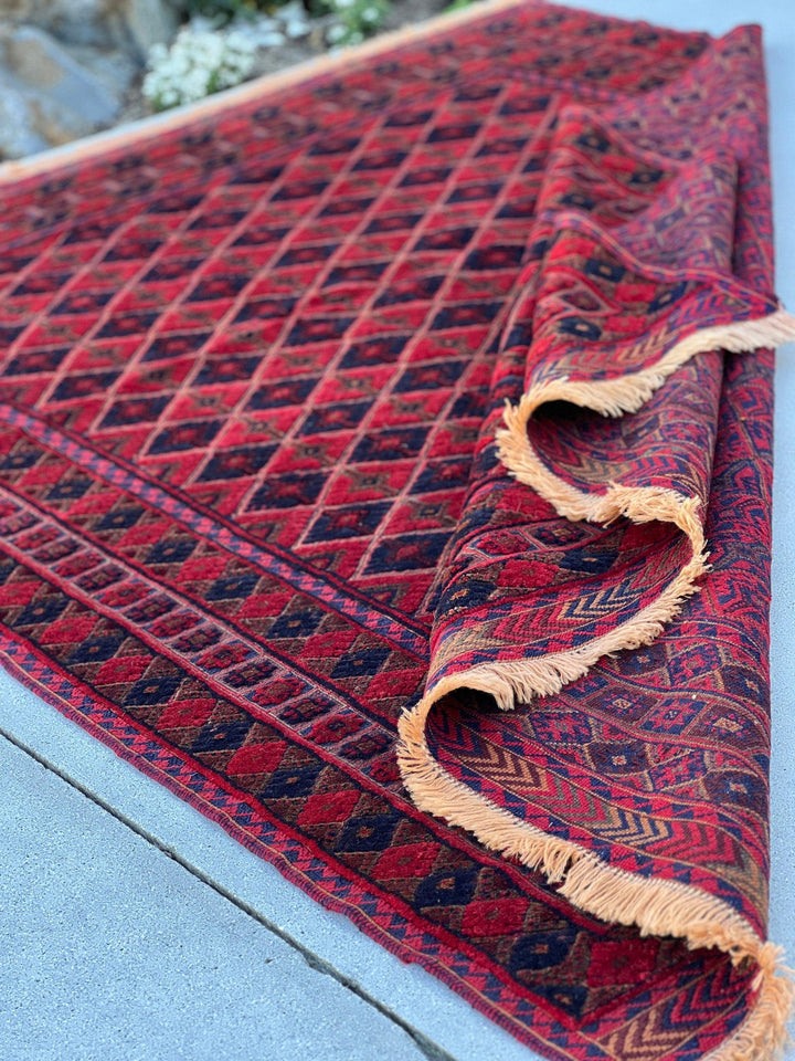 5x7 (150x200) Handmade Afghan Rug | Cherry Auburn Crimson Red Midnight Blue Burnt Orange Taupe Crimson Red Hand Knotted Persian Turkish Wool