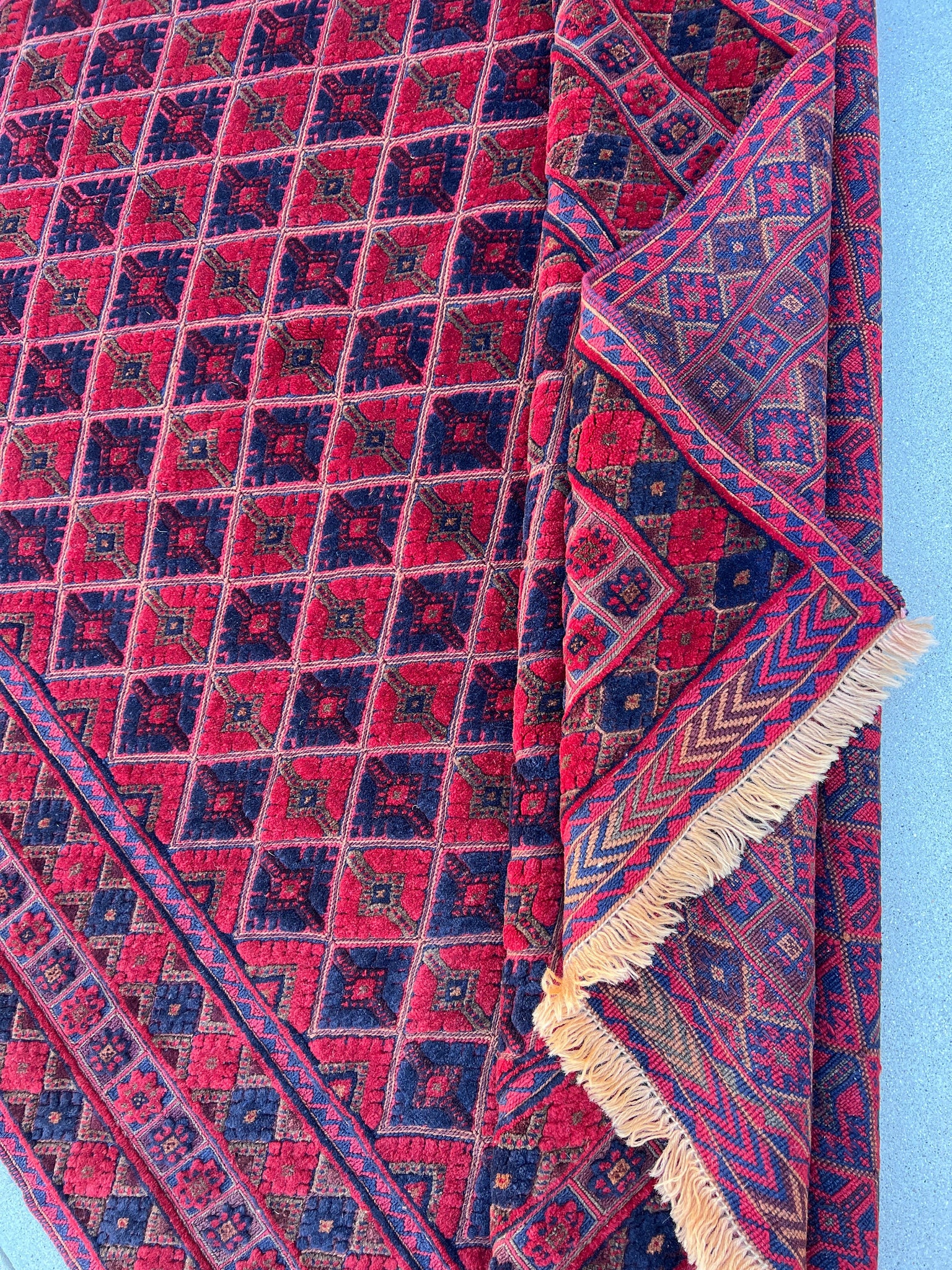 5x7 (150x200) Handmade Afghan Rug | Cherry Auburn Crimson Red Midnight Blue Burnt Orange Taupe Crimson Red Hand Knotted Persian Turkish Wool