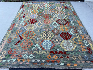 7x10 Handmade Afghan Kilim Rug | Pastel Teal Turquoise Taupe Olive Moss Green Garnet Red Light Grey Chocolate Brown Mahogany | Geometric