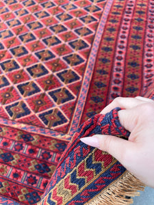 5x7 (150x215) Handmade Afghan Rug | Cherry Red Black Taupe Orange Crimson Red Midnight Blue | Hand Knotted Geometric Turkish Wool