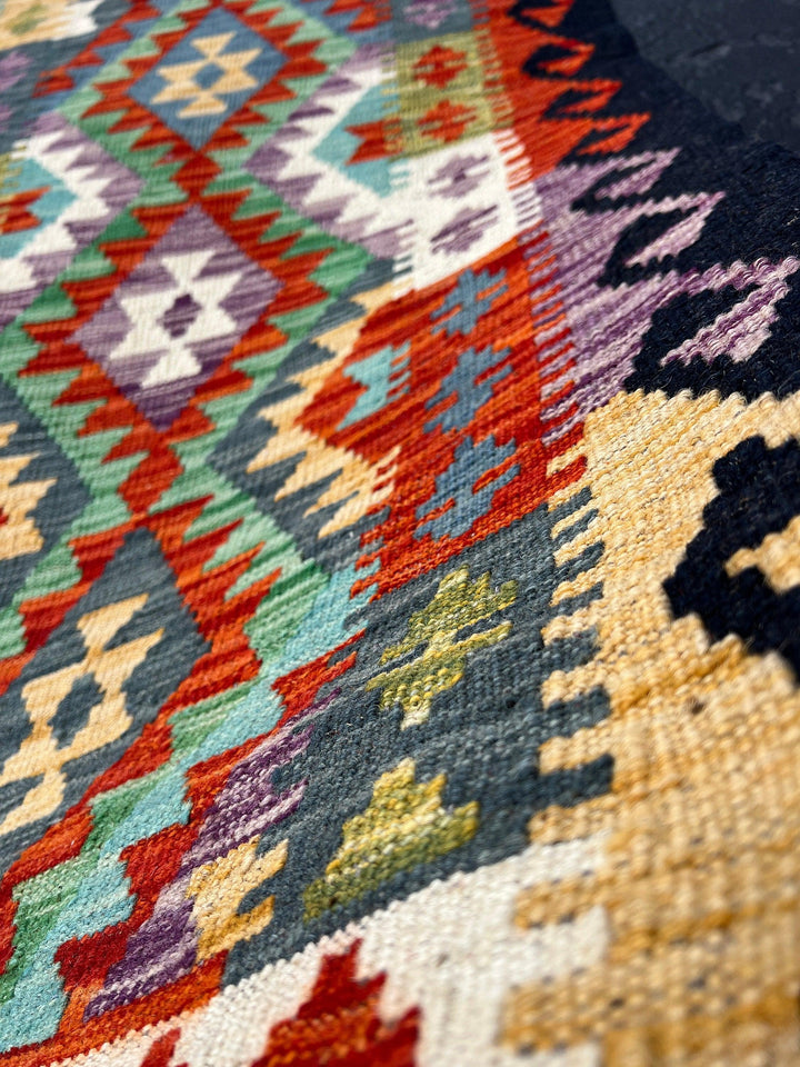 3x8 - 3x9 Handmade Afghan Kilim Runner Rug | Purple Olive Taupe Turquoise Burnt Orange Ivory Black Blue | Bohemian Geometric Wool