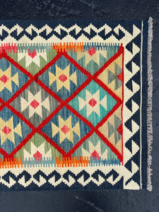 2x8-3x8 ~ 2x9-3x9 Handmade Afghan Kilim Runner Rug | Olive Denim Blue Red Turquoise Orange Cream Beige Black Teal | Bohemian Geometric Wool