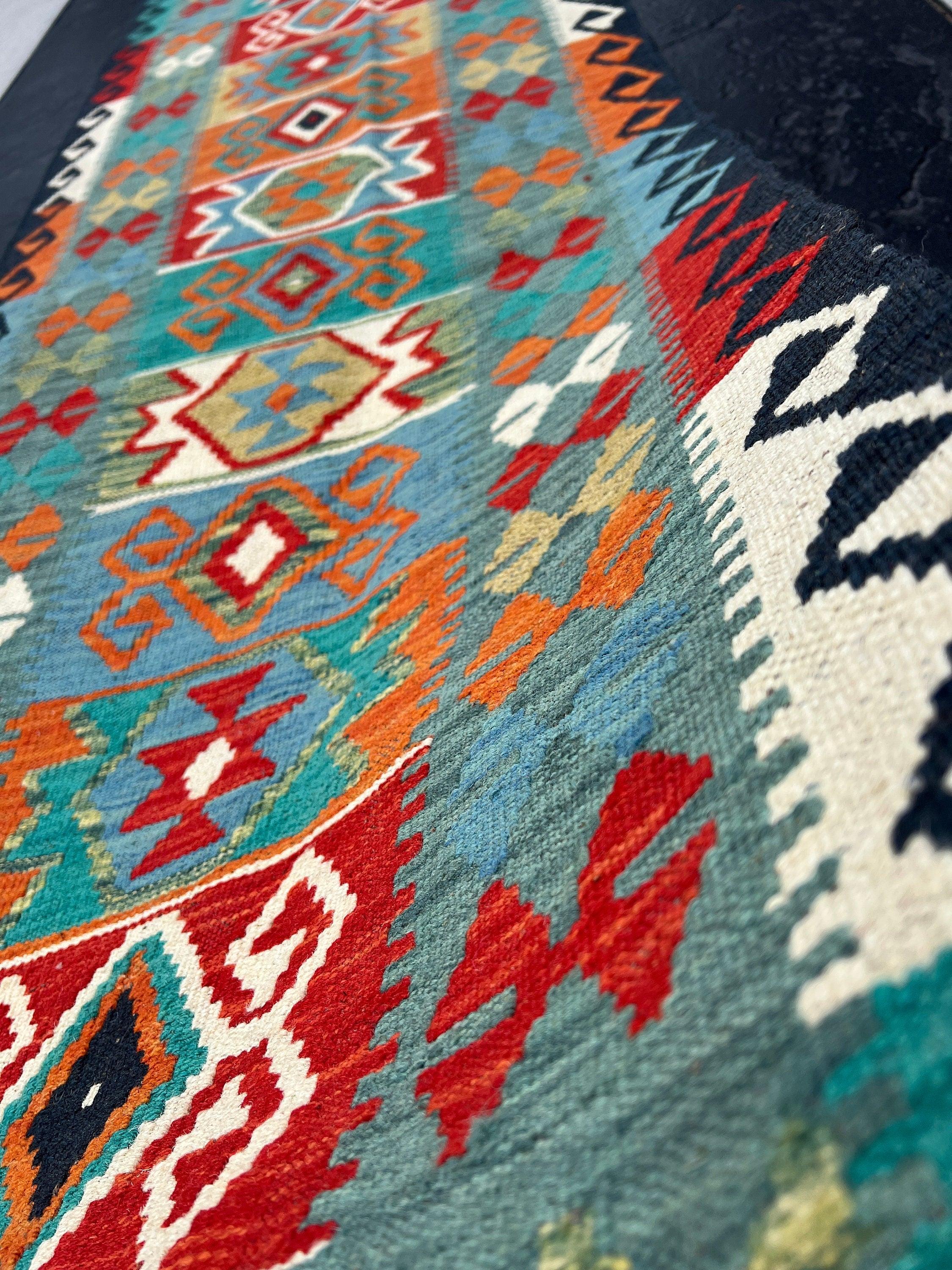 2x10~3x10 (90x335) Handmade Afghan Kilim Runner Rug | Teal Olive Burnt Orange Turquoise Denim Blue Brick Red Mint Green Ivory Geometric Wool