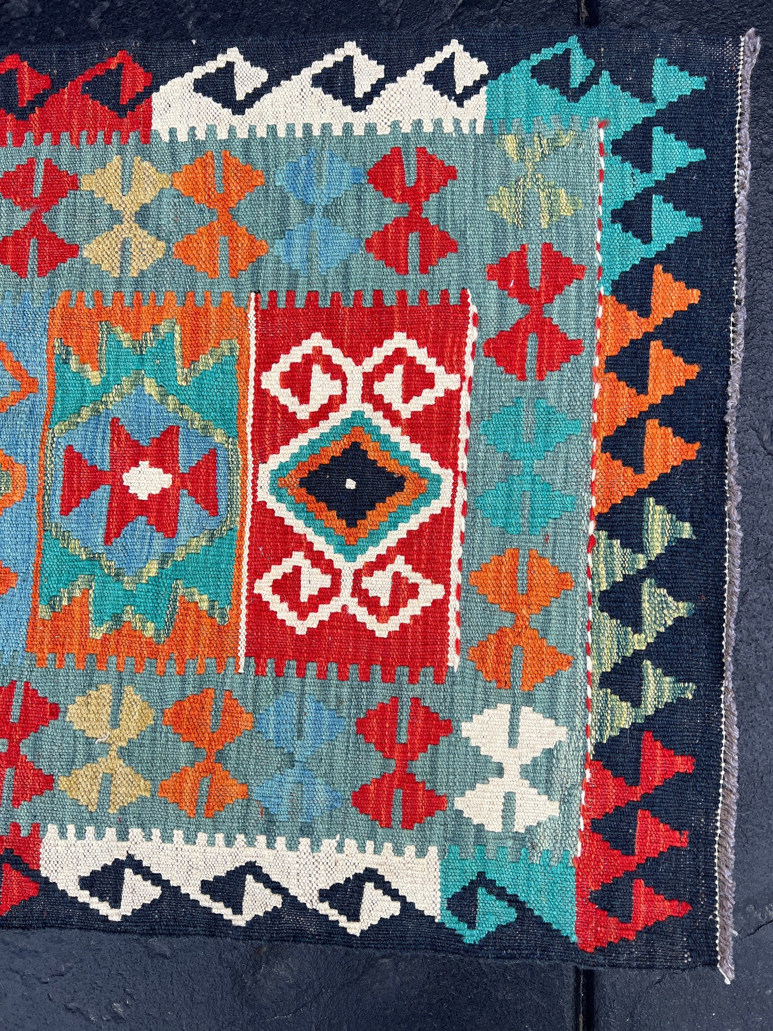 2x10~3x10 (90x335) Handmade Afghan Kilim Runner Rug | Teal Olive Burnt Orange Turquoise Denim Blue Brick Red Mint Green Ivory Geometric Wool