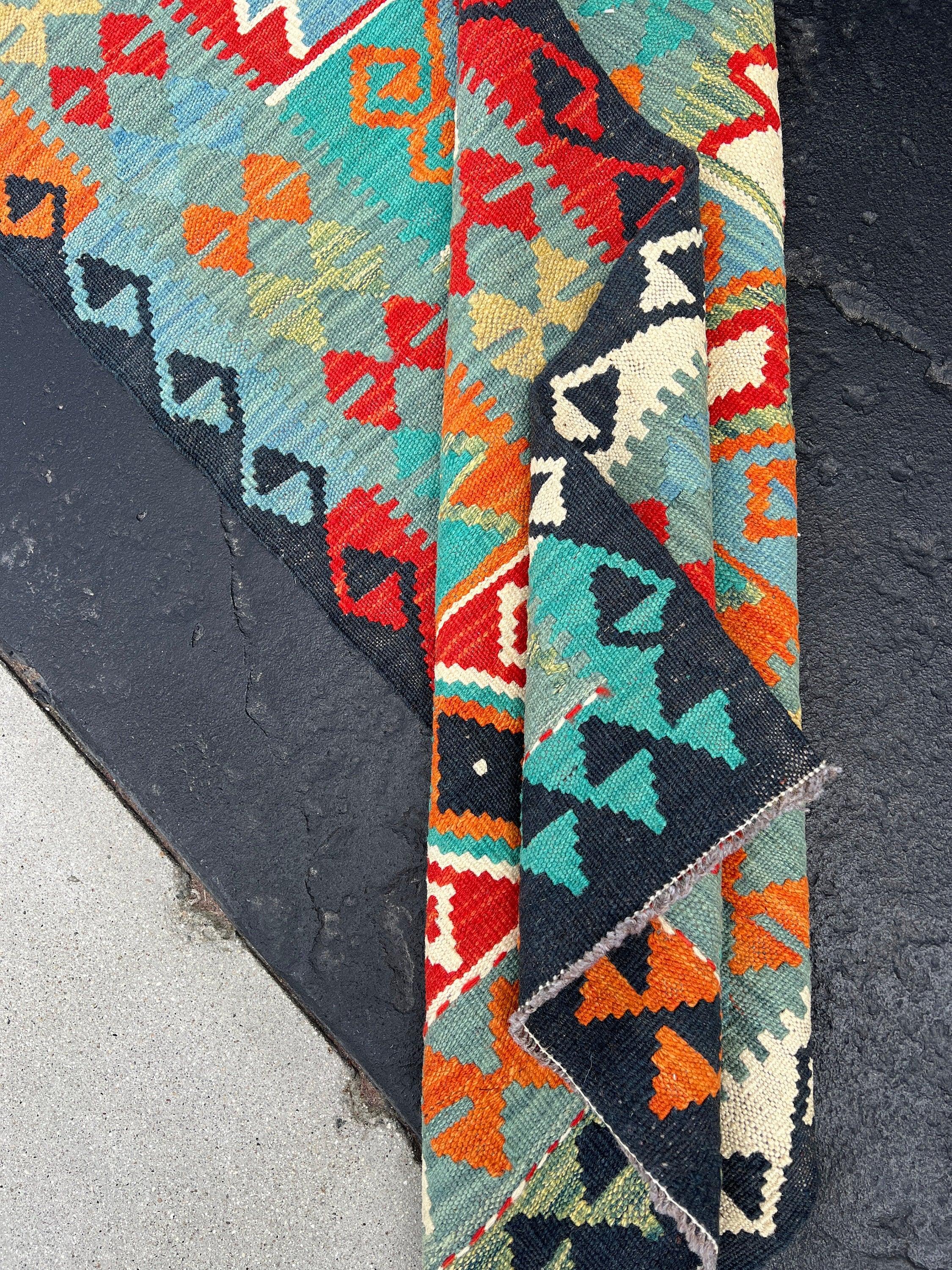 2x10~3x10 (90x335) Handmade Afghan Kilim Runner Rug | Teal Olive Burnt Orange Turquoise Denim Blue Brick Red Mint Green Ivory Geometric Wool