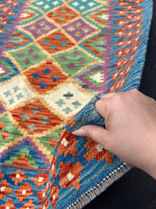 3x10 (90x335) Handmade Afghan Kilim Runner Rug | Olive Purple Burnt Orange Turquoise Denim Blue Mustard Yellow Ivory | Geometric Wool