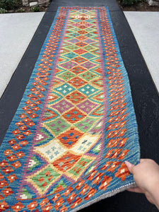 3x10 (90x335) Handmade Afghan Kilim Runner Rug | Olive Purple Burnt Orange Turquoise Denim Blue Mustard Yellow Ivory | Geometric Wool