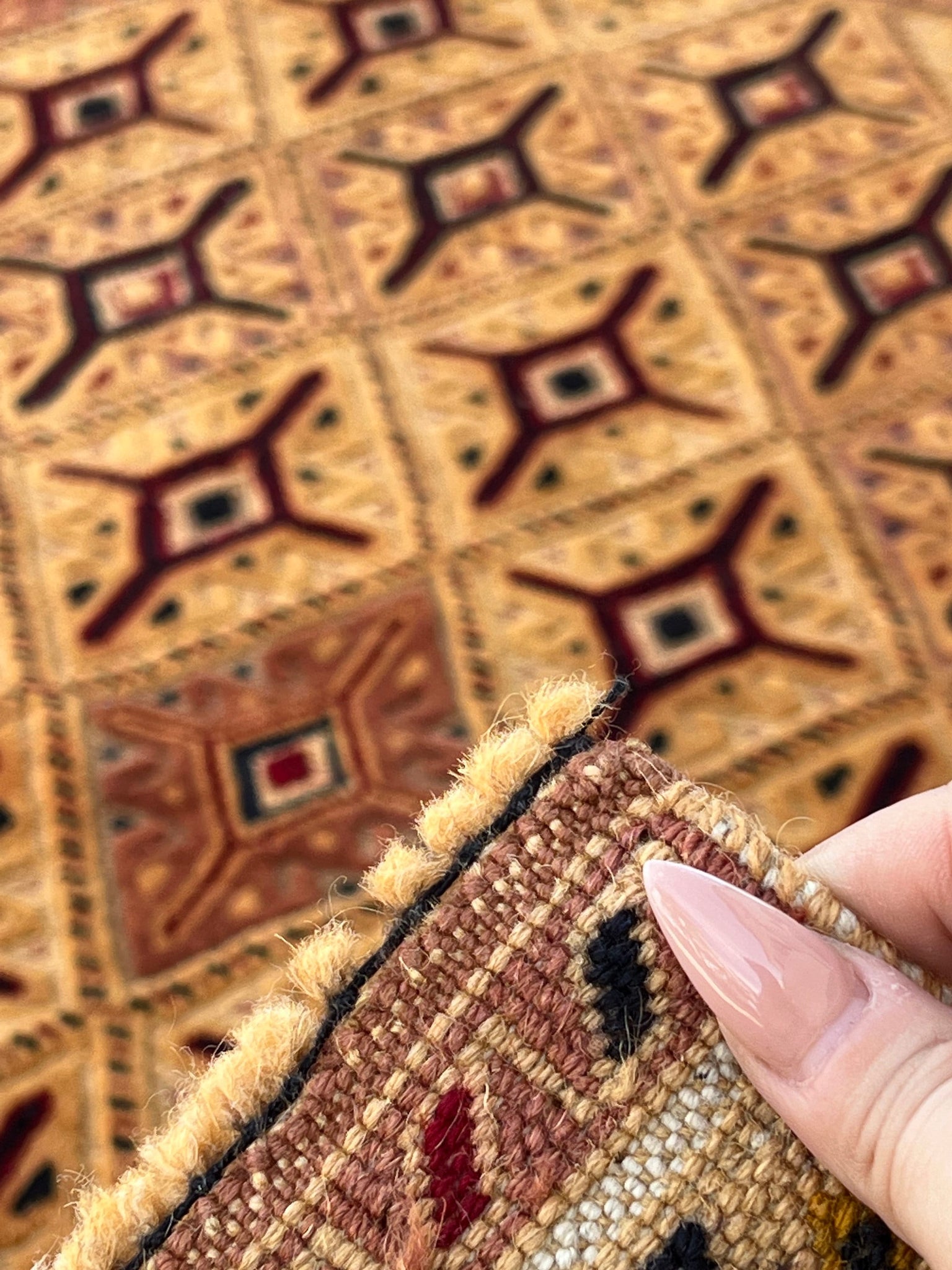 4x5 (150x120) Handmade Afghan Rug | Caramel Brown Crimson Red Black Olive Purple Ivory | Hand Knotted Persian Geometric