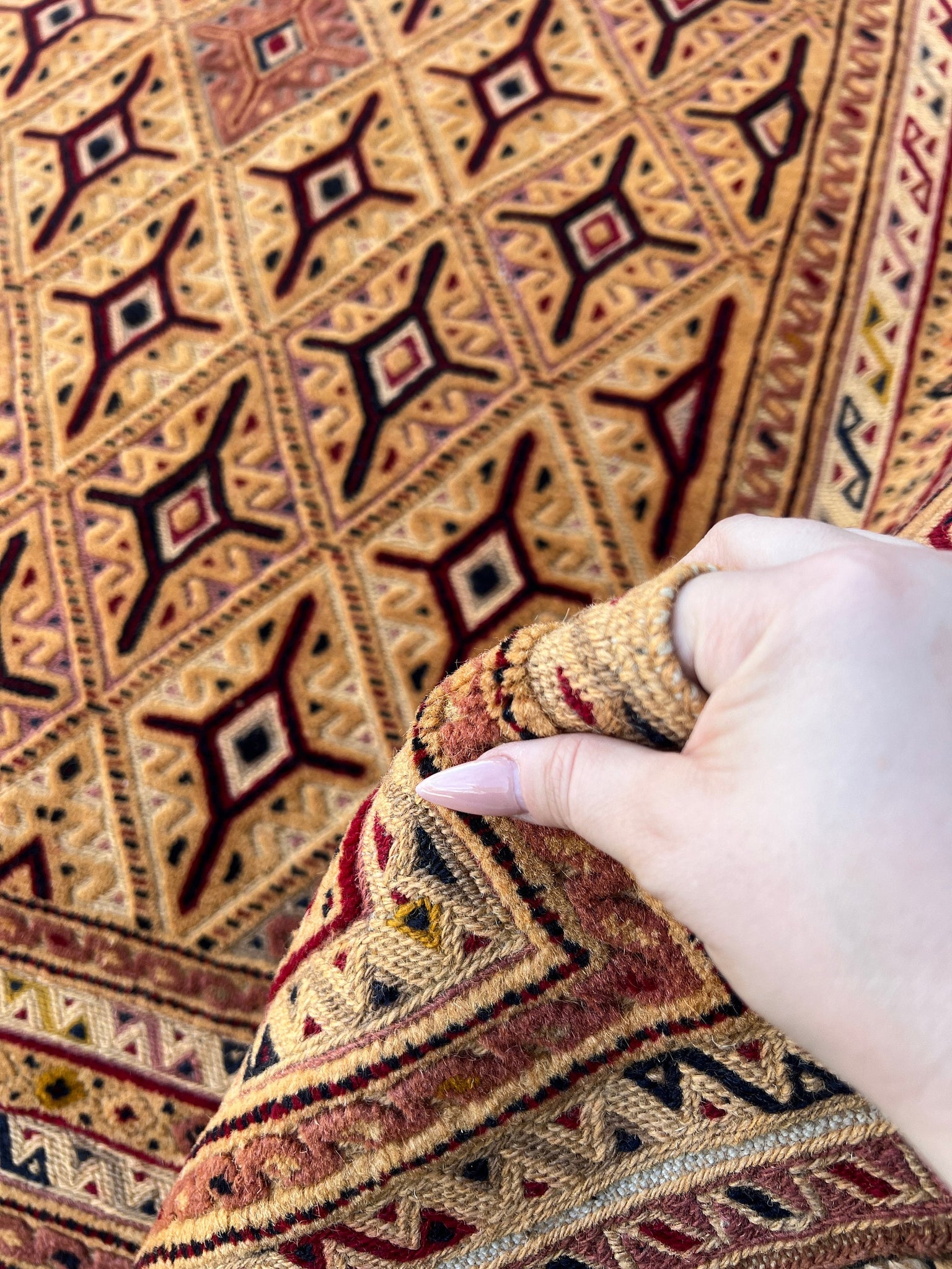 4x5 (150x120) Handmade Afghan Rug | Caramel Brown Crimson Red Black Olive Purple Ivory | Hand Knotted Persian Geometric