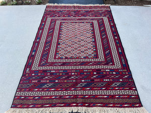 4x7 (120x215) Handmade Afghan Kilim Rug | Brick Red Purple Taupe Ivory Olive Grey Navy Blue Garnet Red Teal Coral Orange | Geometric Wool