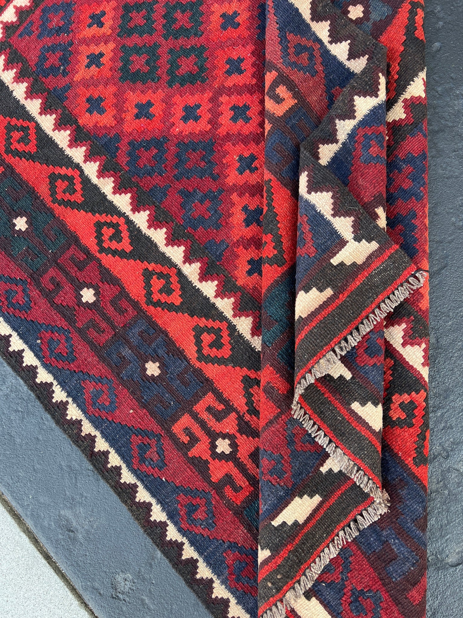 3x5 (100x180) Handmade Afghan Kilim Rug | Brick Red Midnight Blue Black Ivory Coral Orange | Hand Knotted Geometric Persian Wool