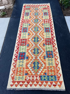 3x7 (100x200) Handmade Afghan Kilim Runner Rug | Cream Beige Orange Brick Red Royal Blue Olive Lime Green Yellow | Geometric Turkish Wool