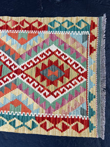 2x7 (60x215) Handmade Afghan Kilim Runner Rug | Olive Burnt Orange Teal Purple Orange Mint Green Sky Blue Blush Pink | Geometric Wool