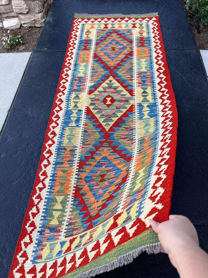 3x7 (100x200) Handmade Afghan Kilim Runner Rug | Olive Crimson Red Teal Purple Prussian Blue Royal Blue Light Blue Orange | Flatweave Wool