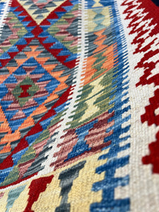 3x7 (100x200) Handmade Afghan Kilim Runner Rug | Olive Crimson Red Teal Purple Prussian Blue Royal Blue Light Blue Orange | Flatweave Wool