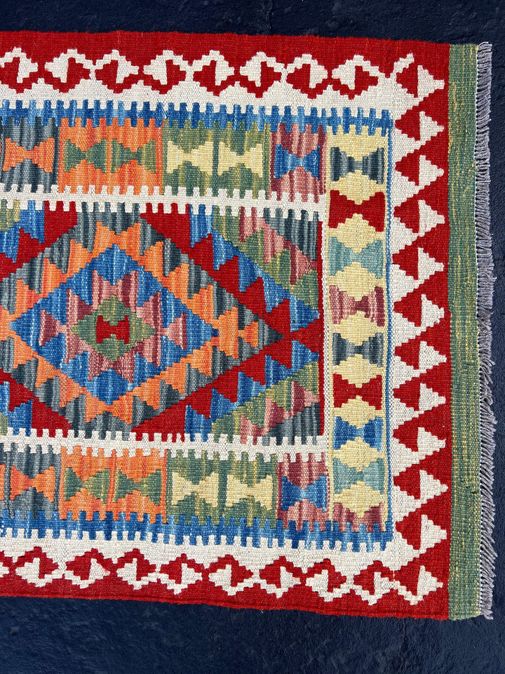 3x7 (100x200) Handmade Afghan Kilim Runner Rug | Olive Crimson Red Teal Purple Prussian Blue Royal Blue Light Blue Orange | Flatweave Wool