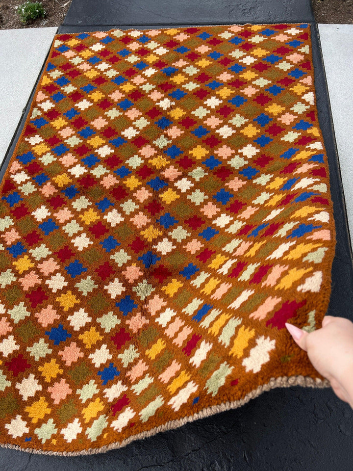 4x6 (120x215) Handmade Vintage Baluch Afghan Rug | Hazel Olive Brown Pink Blue Ivory Turquoise Garnet Red Gold Moss Green | Geometric Wool