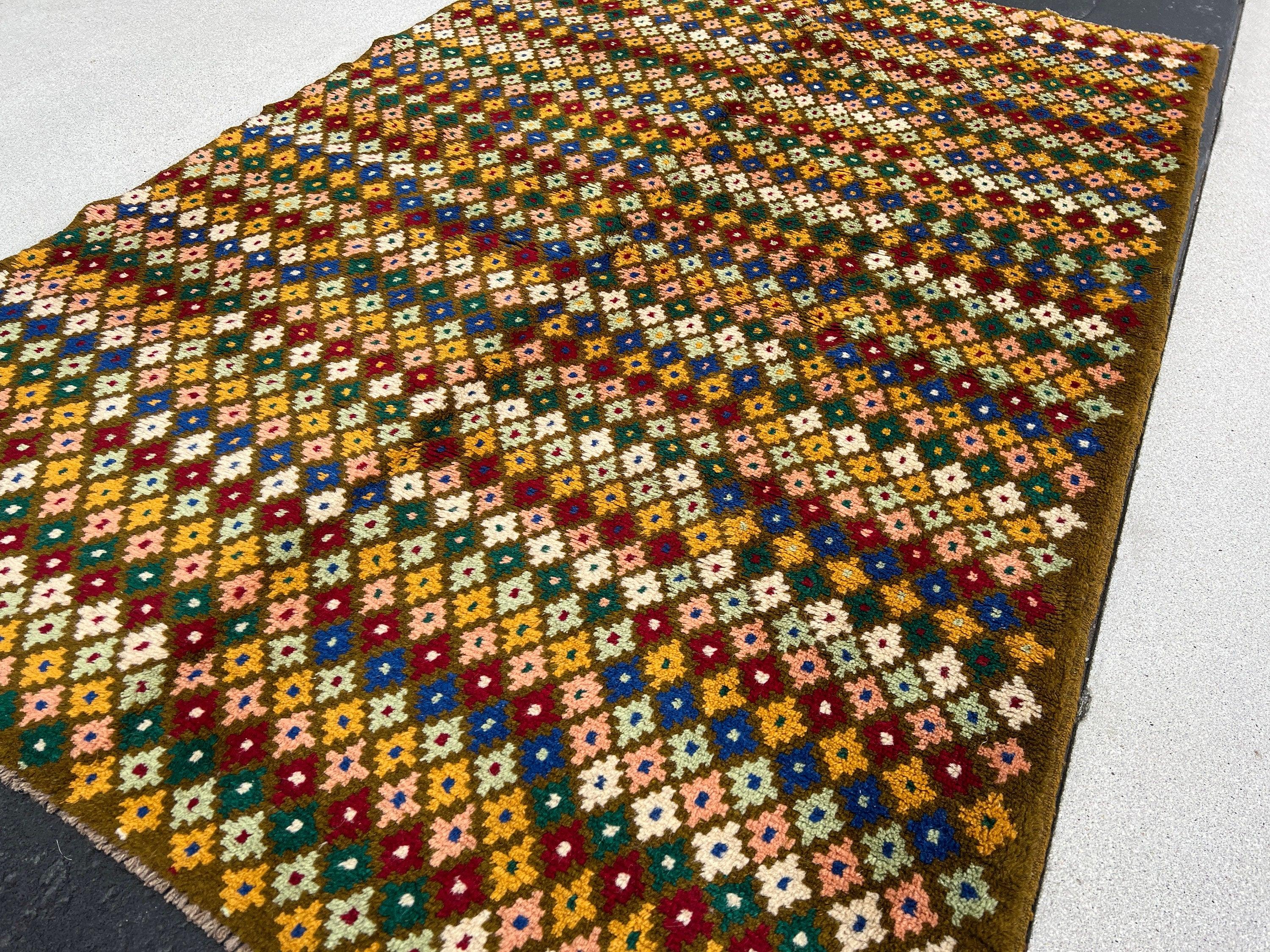 4x6 (120x215) Handmade Vintage Baluch Afghan Rug | Hazel Olive Brown Salmon Pink Blue Ivory Turquoise Pine Green Crimson Red Gold Geometric