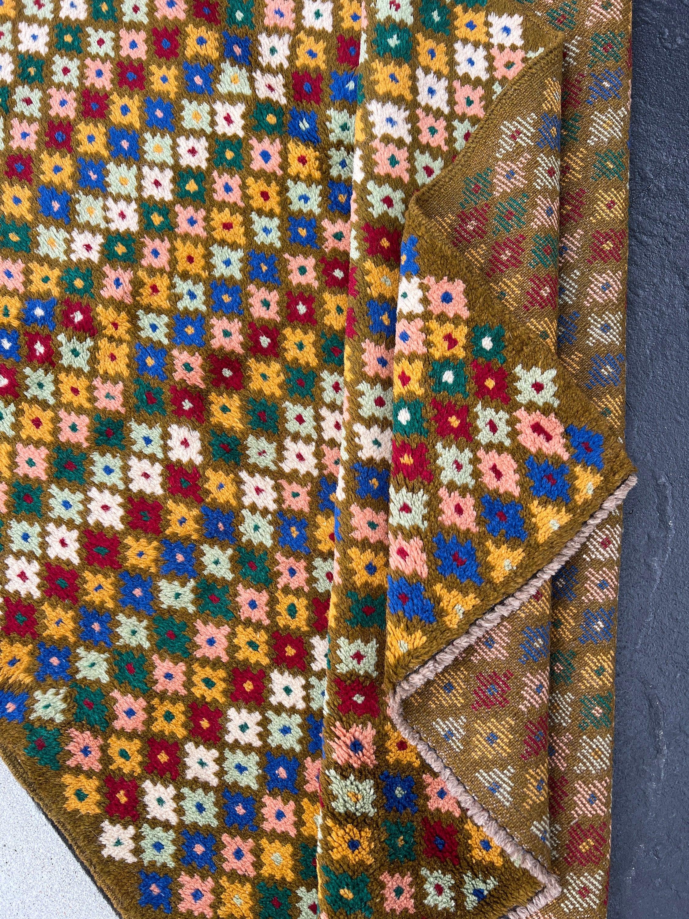 4x6 (120x215) Handmade Vintage Baluch Afghan Rug | Hazel Olive Brown Salmon Pink Blue Ivory Turquoise Pine Green Crimson Red Gold Geometric