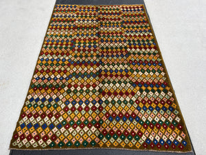 4x6 (120x215) Handmade Vintage Baluch Afghan Rug | Hazel Olive Brown Salmon Pink Blue Ivory Turquoise Pine Green Crimson Red Gold Geometric