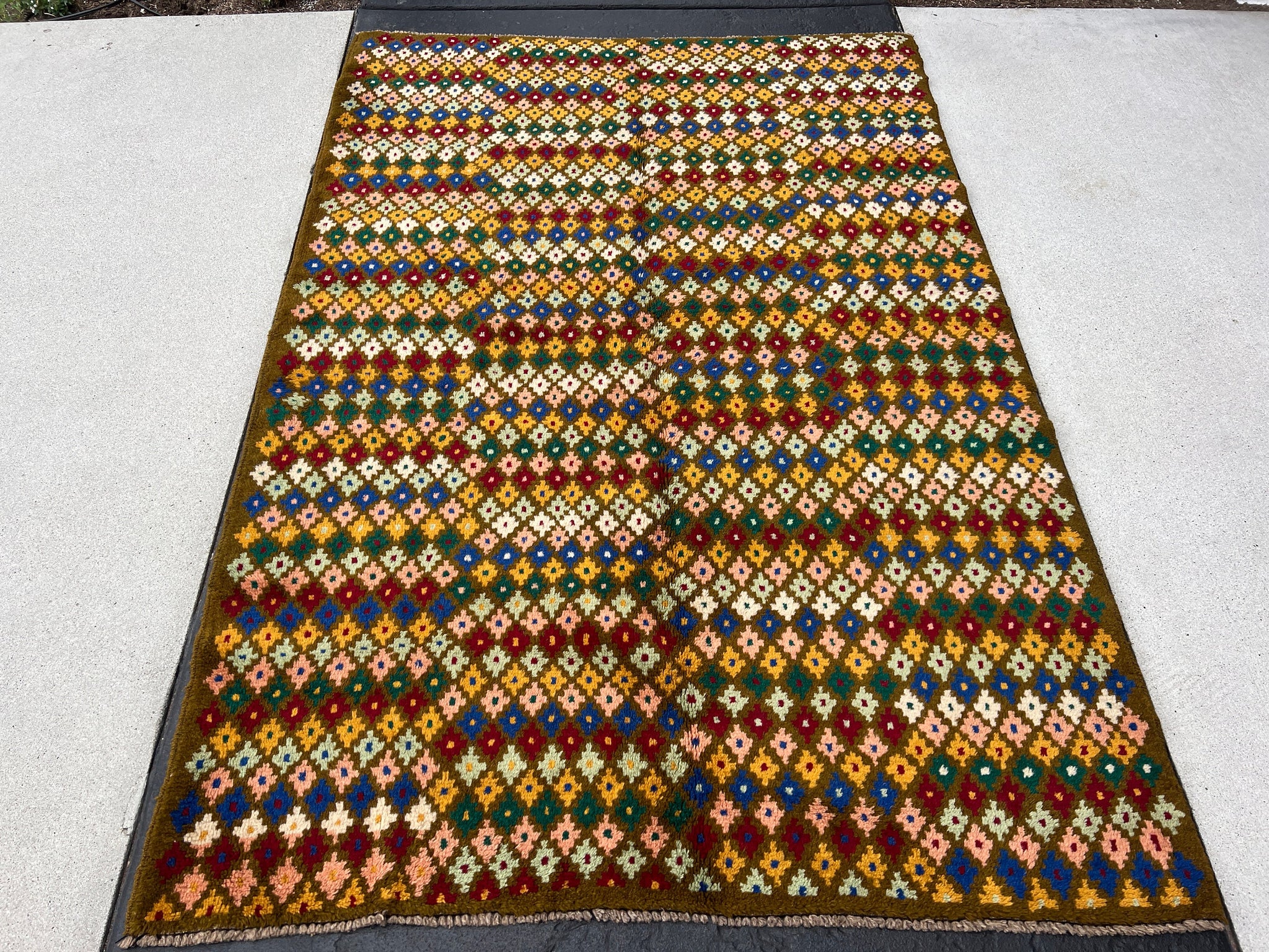 4x6 (120x215) Handmade Vintage Baluch Afghan Rug | Hazel Olive Brown Salmon Pink Blue Ivory Turquoise Pine Green Crimson Red Gold Geometric