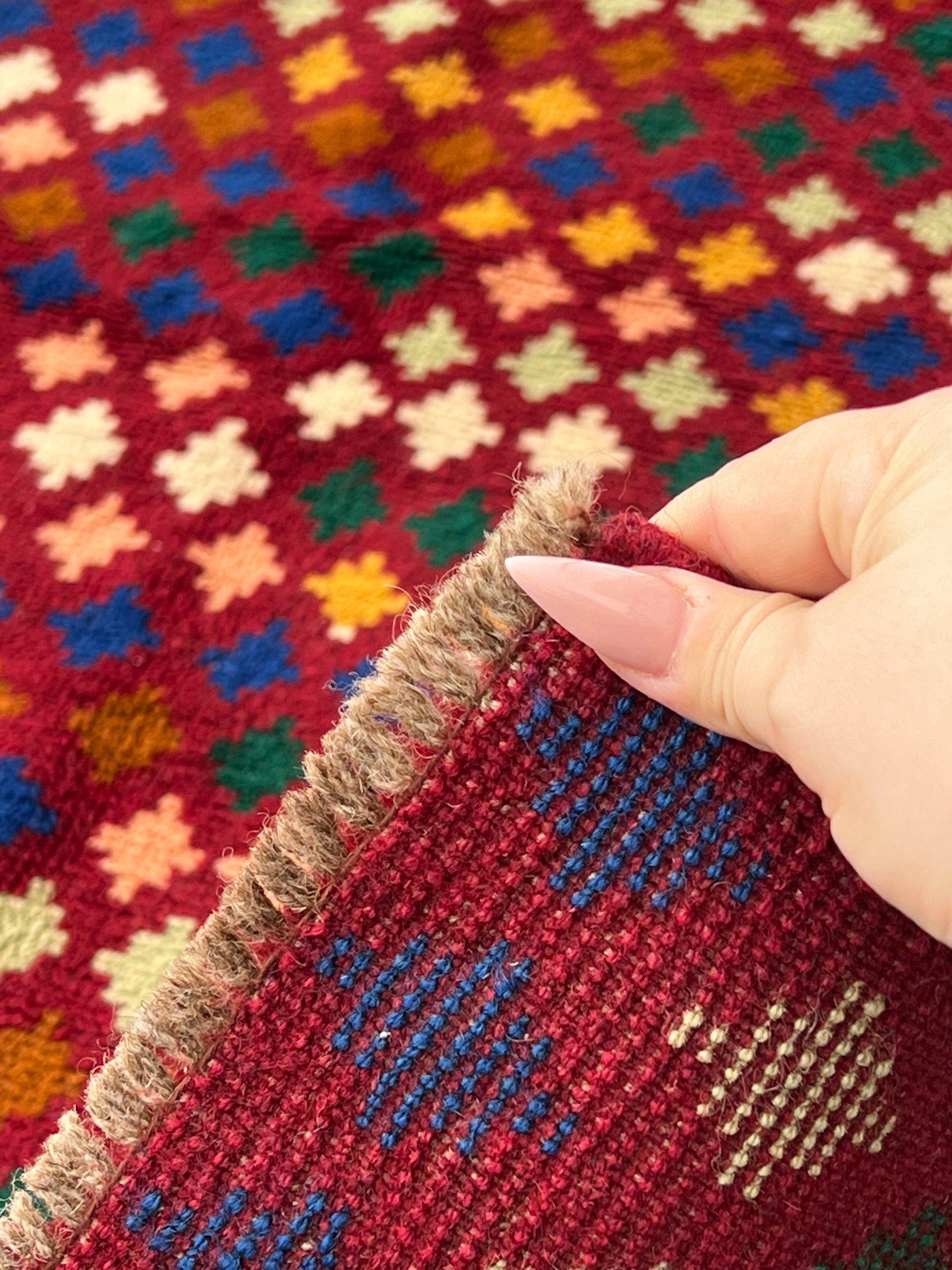 4x6 (120x215) Handmade Vintage Baluch Afghan Rug | Garnet Red Ivory Salmon Pink Orange Mocha Brown Blue Peach Green Cream | Hand Knotted