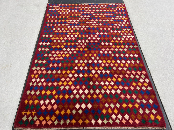 4x6 (120x215) Handmade Vintage Baluch Afghan Rug | Garnet Red Ivory Salmon Pink Orange Mocha Brown Blue Peach Green Cream | Hand Knotted