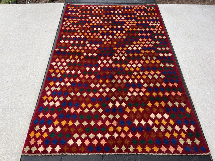 4x6 (120x215) Handmade Vintage Baluch Afghan Rug | Garnet Red Ivory Salmon Pink Orange Mocha Brown Blue Peach Green Cream | Hand Knotted