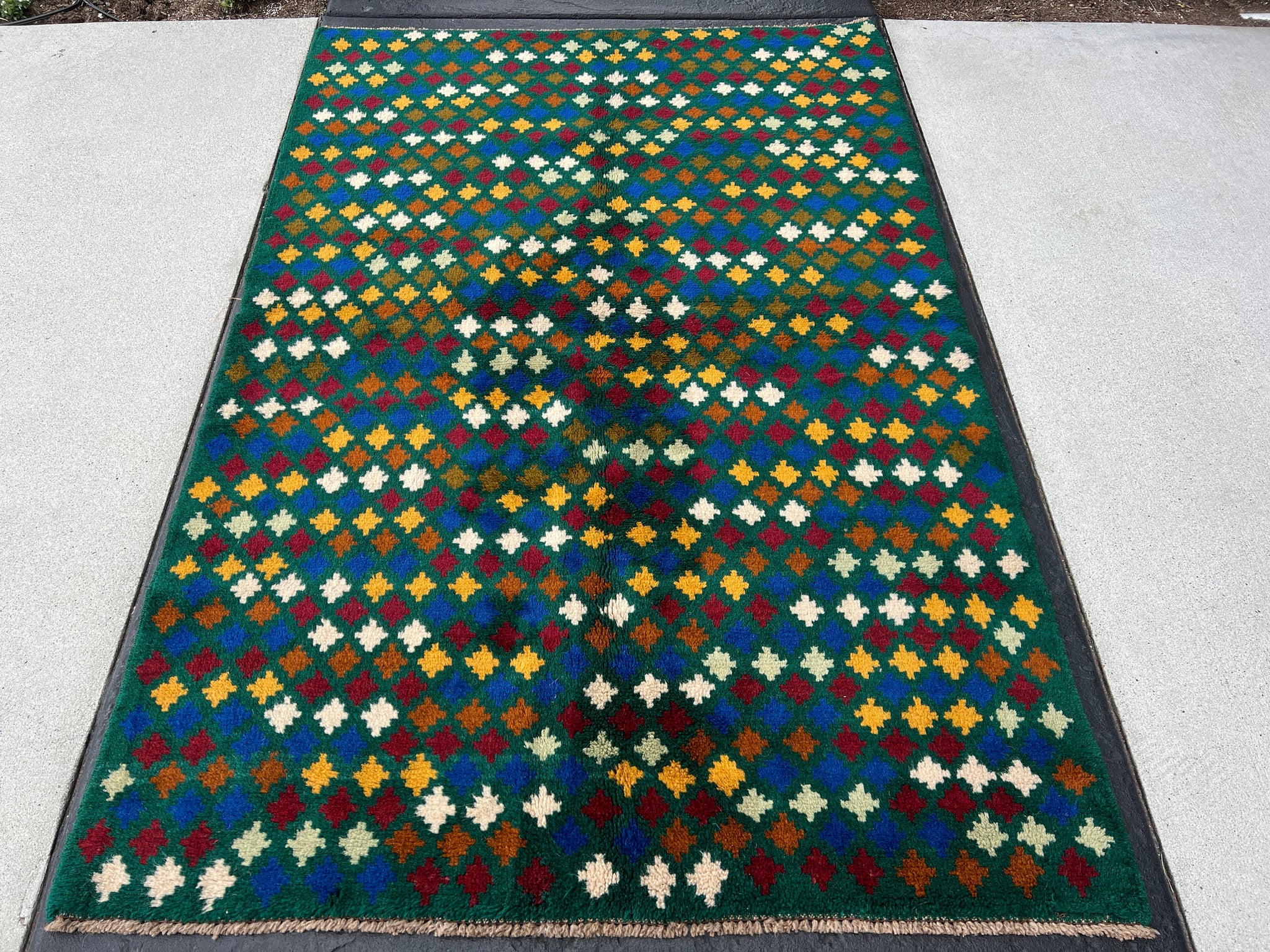 4x6 (120x215) Handmade Vintage Baluch Afghan Rug | Forest Green Taupe Blue Ivory Turquoise Gold Moss Green Brown Geometric Hand Knotted Wool