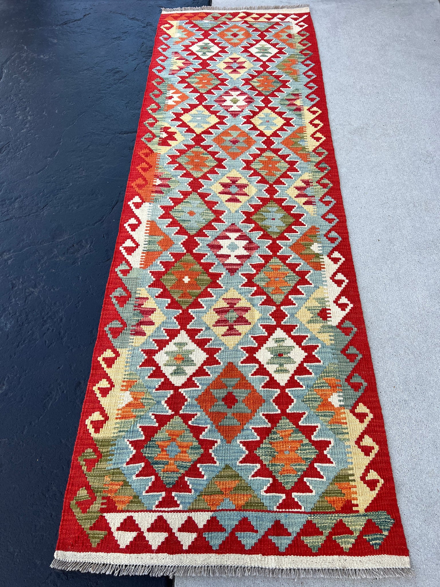 3x8 Handmade Afghan Kilim Runner Rug | Brick Crimson Red Burnt Orange Teal Moss Green Mustard Yellow Ivory Baby Sky Blue | Geometric Wool