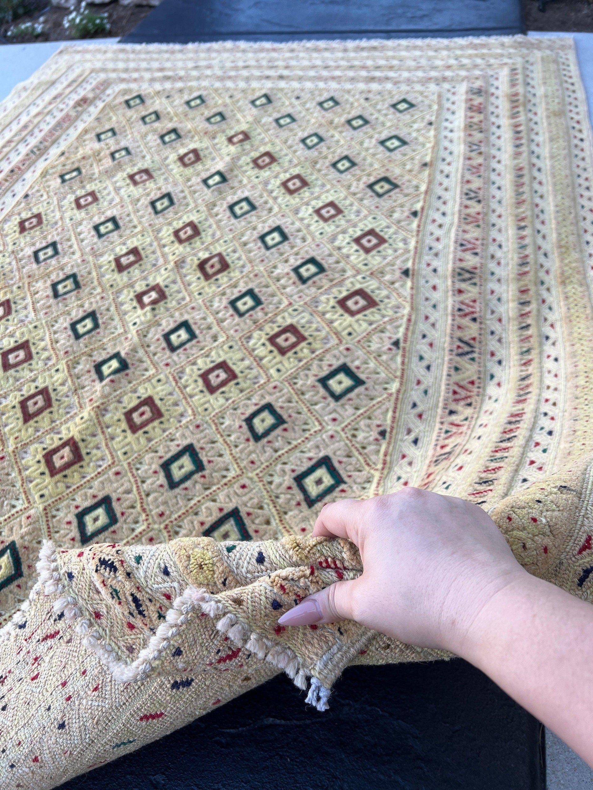 5x7 (150x200) Handmade Afghan Rug | Taupe Cream Beige Pine Green Crimson Red Midnight Blue Black Moss Green Chocolate | Geometric Wool Boho