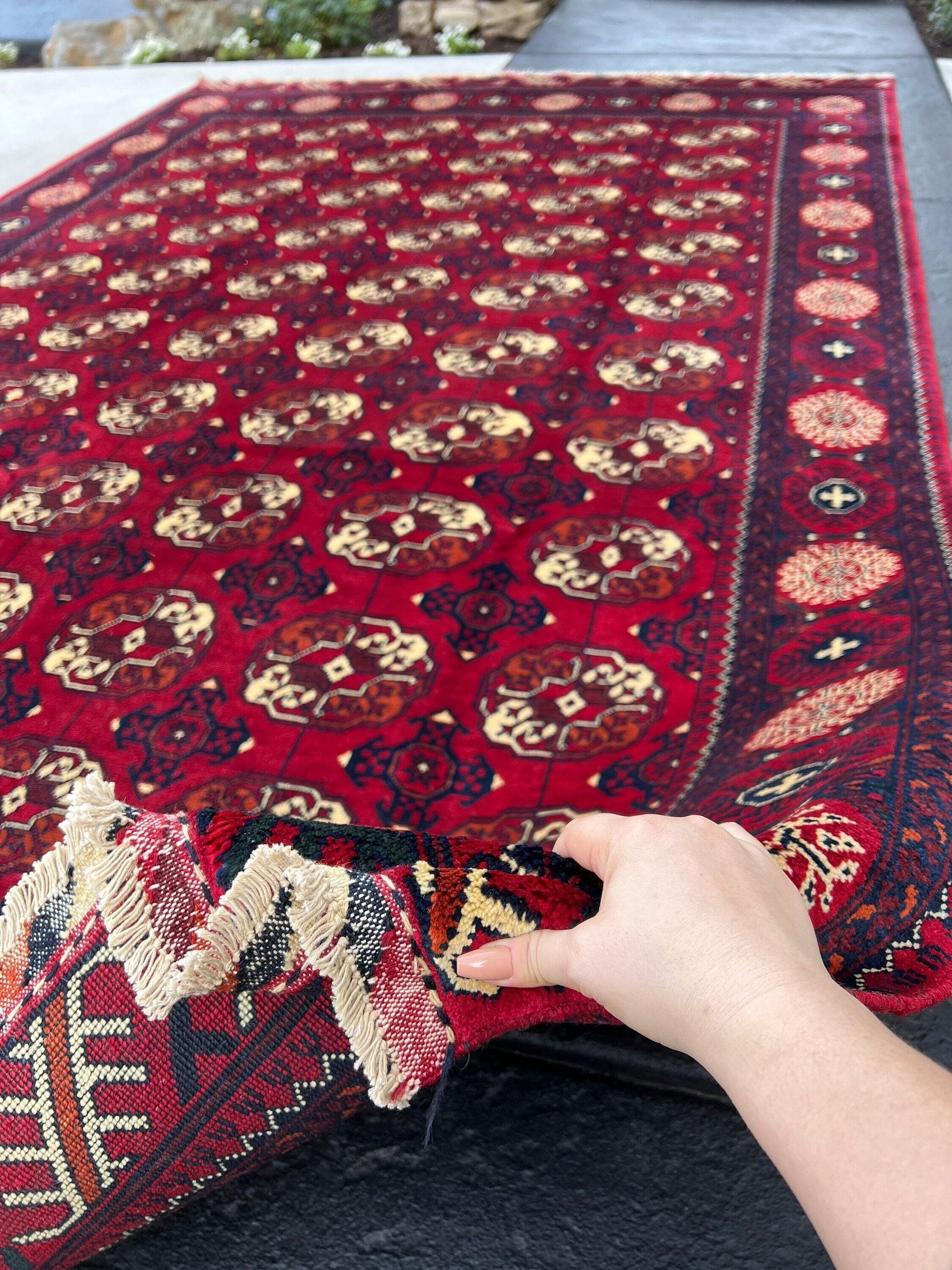 7x11 (210x322) Fair Trade Handmade Afghan Rug | Cherry Red Black Burnt Orange Crimson Red Cream Beige | Hand Knotted Floral Persian Wool