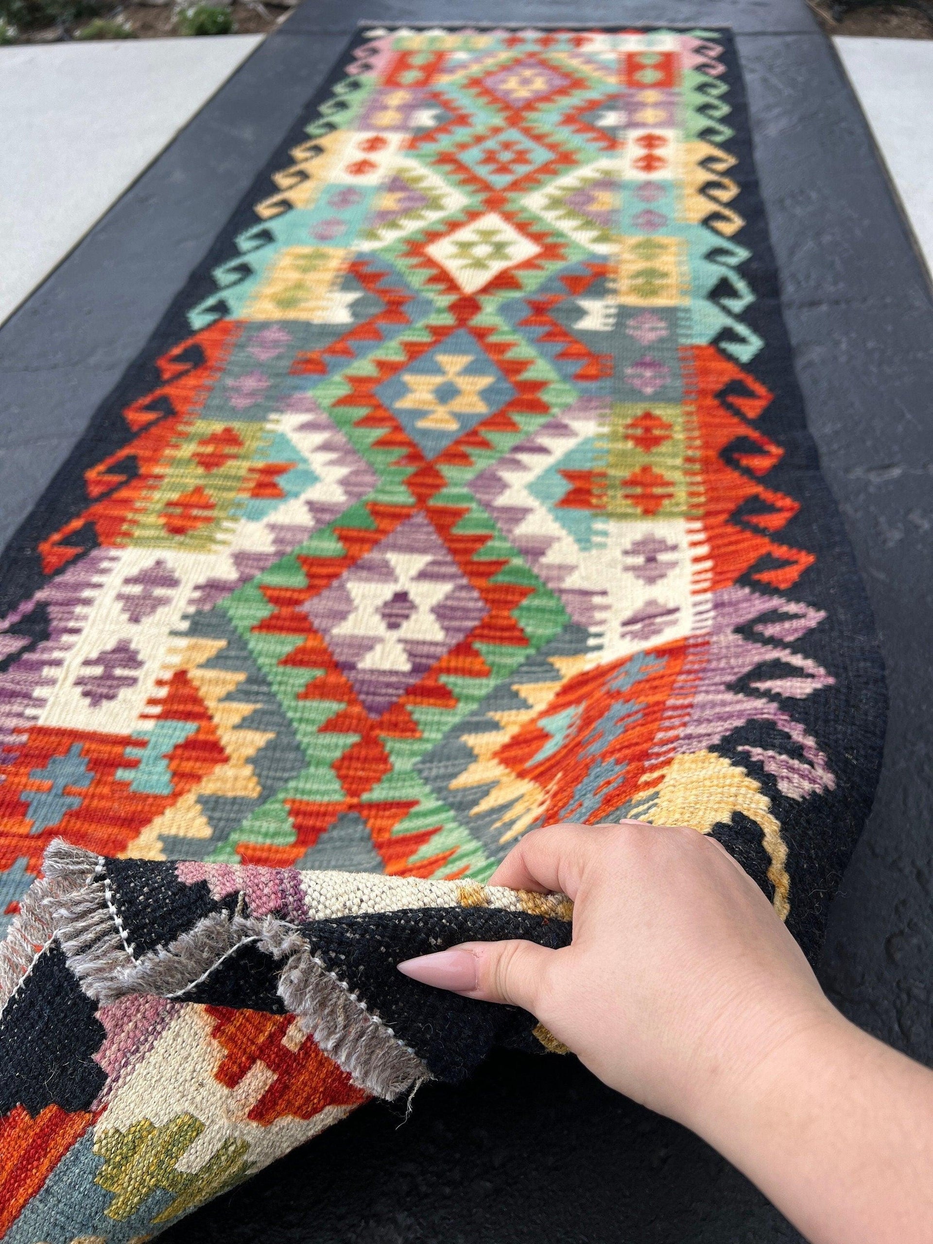 3x8 - 3x9 Handmade Afghan Kilim Runner Rug | Purple Olive Taupe Turquoise Burnt Orange Ivory Black Blue | Bohemian Geometric Wool