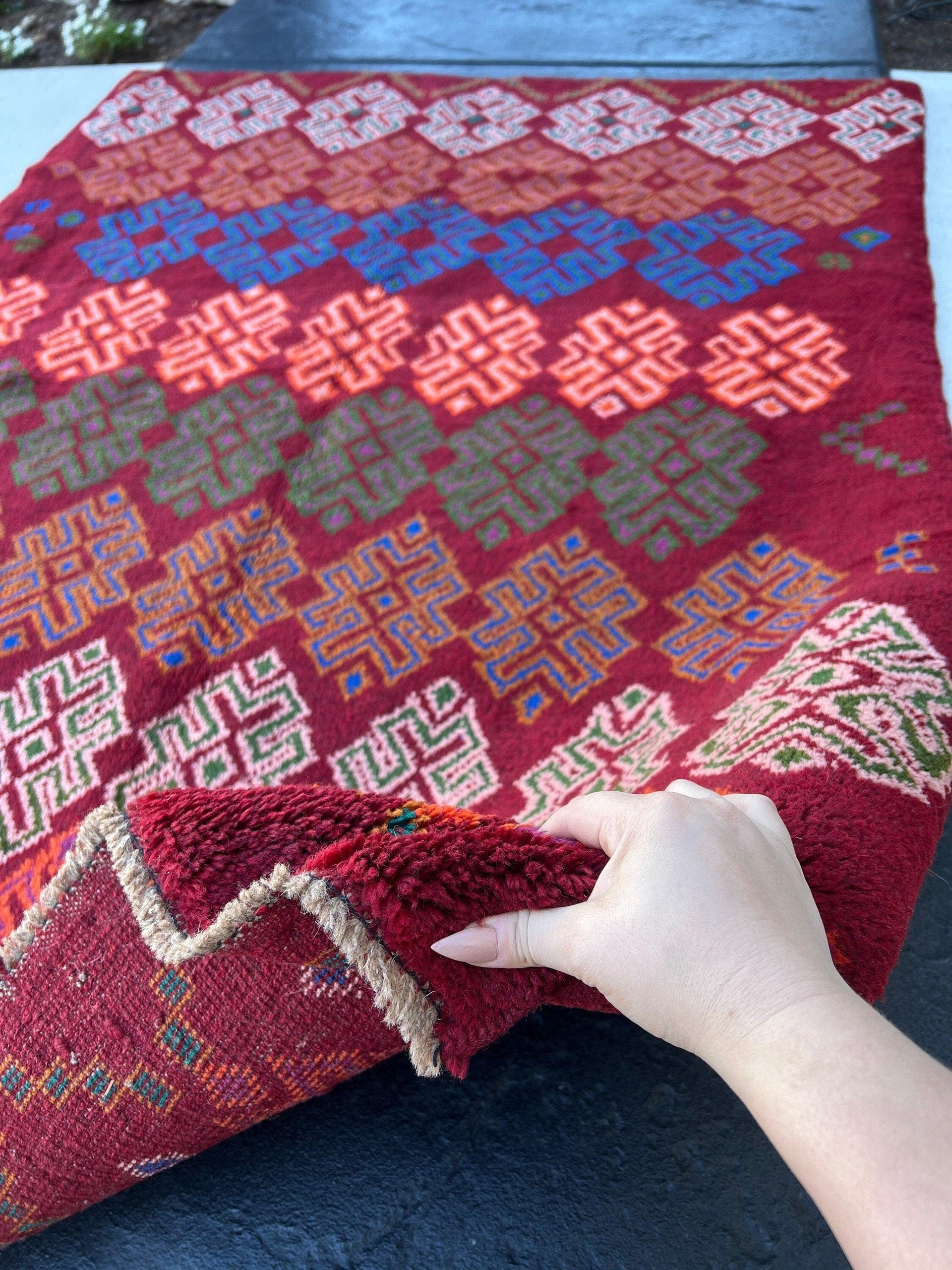 4x6 (120x185) Handmade Vintage Baluch Afghan Rug | Blood Red Fern Green Burnt Orange Rose Pink Purple Ivory Blue Pine Green | Geometric Wool