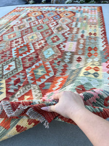 7x10 (215x305) Handmade Afghan Kilim Rug | Crimson Red Burnt Orange Rose Pink Teal Olive Green Mustard Yellow Grey Sky Blue Charcoal | Wool