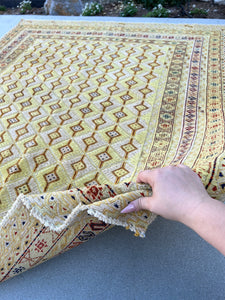 5x6 (150x180) Handmade Afghan Rug | Taupe Yellow Cornsilk Cream Beige Muted Brown Red Blue | Hand Knotted Geometric Turkish Wool