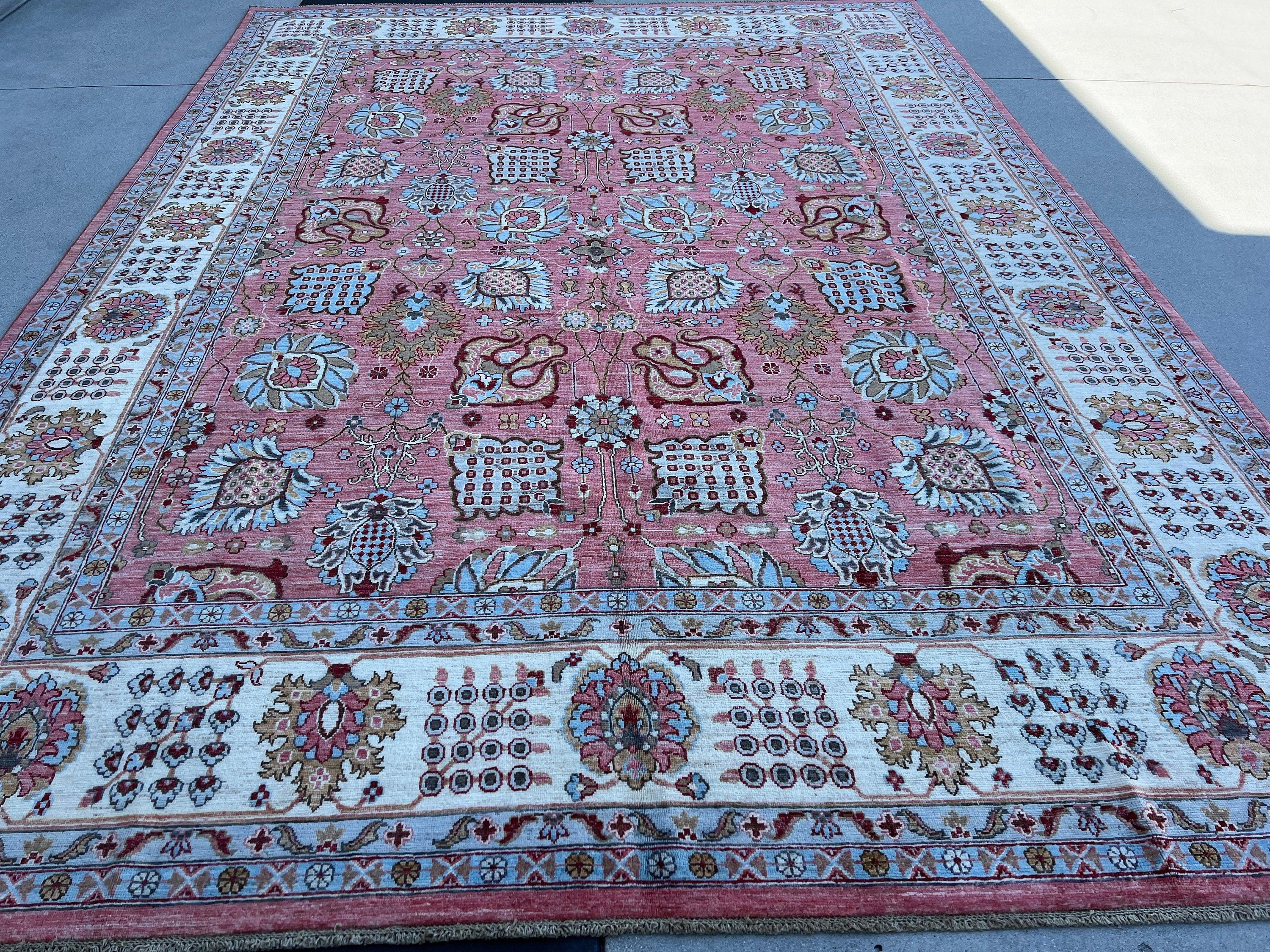 9x12 Fair Trade Hand-Knotted Afghan Rug | Salmon Pink Coral Beige Brown Sky Baby Blue Cream Ivory Maroon Red | Persian Wool Knotted Woolen