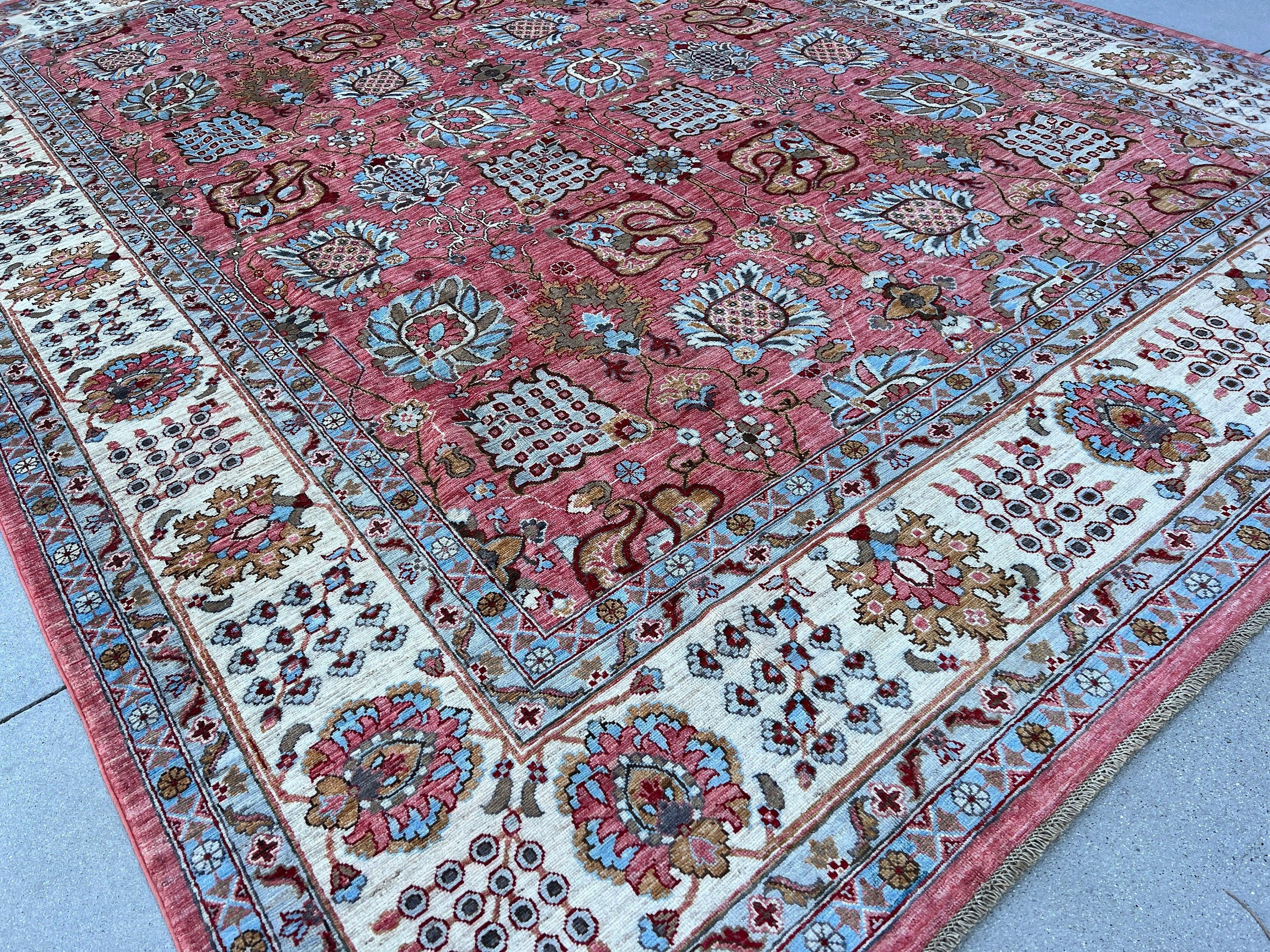 9x12 Fair Trade Hand-Knotted Afghan Rug | Salmon Pink Coral Beige Brown Sky Baby Blue Cream Ivory Maroon Red | Persian Wool Knotted Woolen