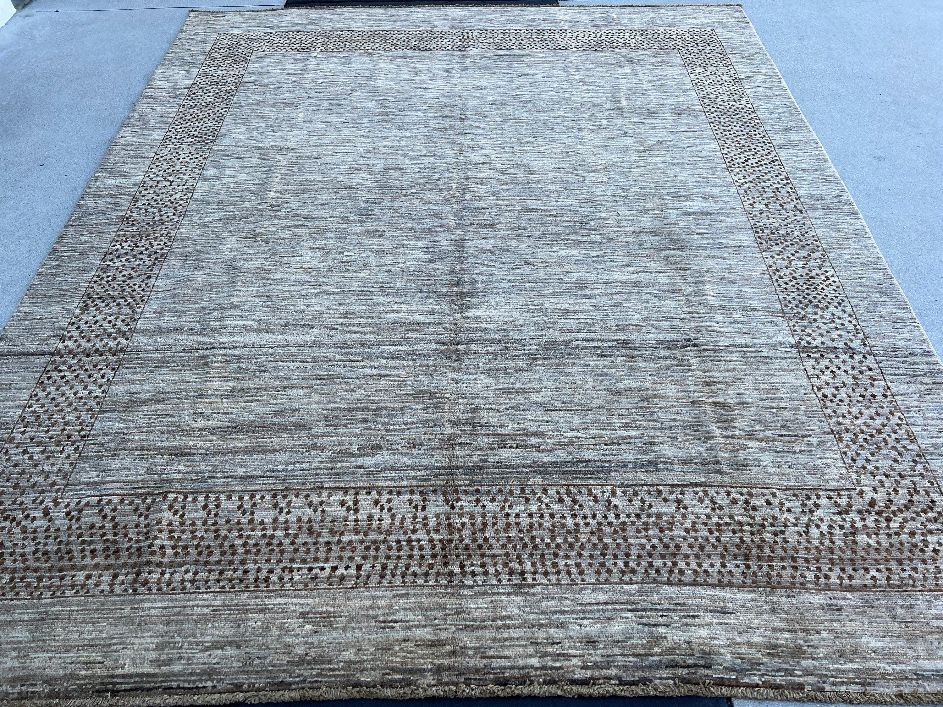 8x10 (245x305) Handmade Afghan Rug | Neutral Grey Brown | Wool Moroccan Hand Knotted Hand Woven Modern Contemporary Luxury Farmhouse Rustic